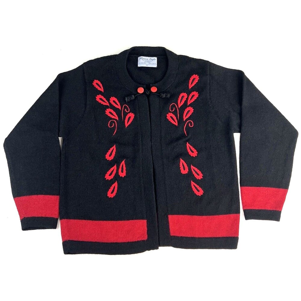 Artesanias AT Alpaca Style Sweater Womens XL Black Red Alpaca Knit Open Cardigan